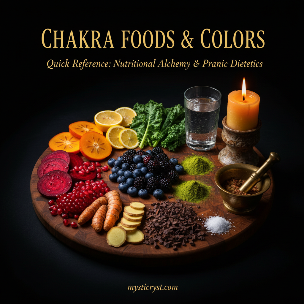 Chakra Foods & Colors — dark walnut cutting board with rainbow gradient of beets, turmeric, lemons, kale, blueberries, cacao and beeswax candle