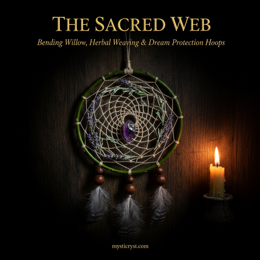 The Sacred Web — handcrafted green willow dream protection hoop with woven nettle web, mugwort, lavender, amethyst and feathers
