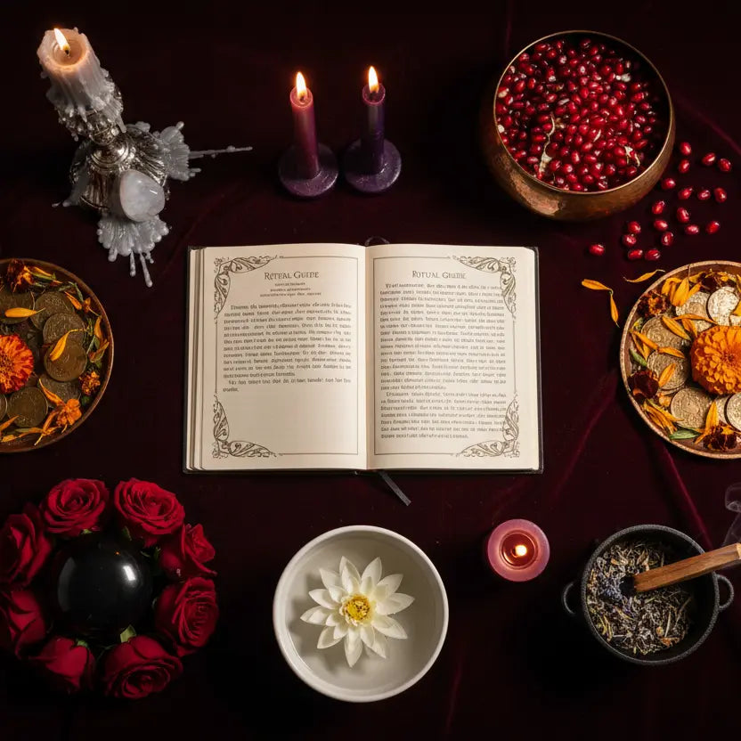 24 Goddess Rituals lifestyle flat lay with goddess offerings and candles