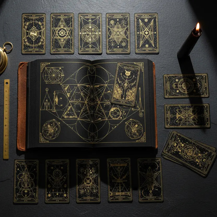 78 Cards Infinite Paths lifestyle flat lay with tarot cards and geometric tools