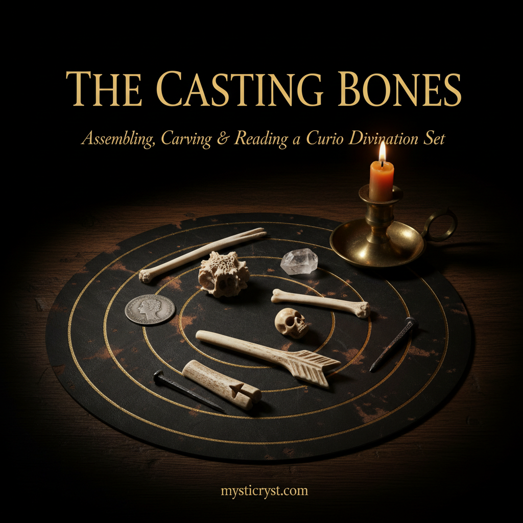 The Casting Bones — handcrafted curio bone divination set on dark leather mat with concentric rings, brass chamberstick and burning beeswax candle