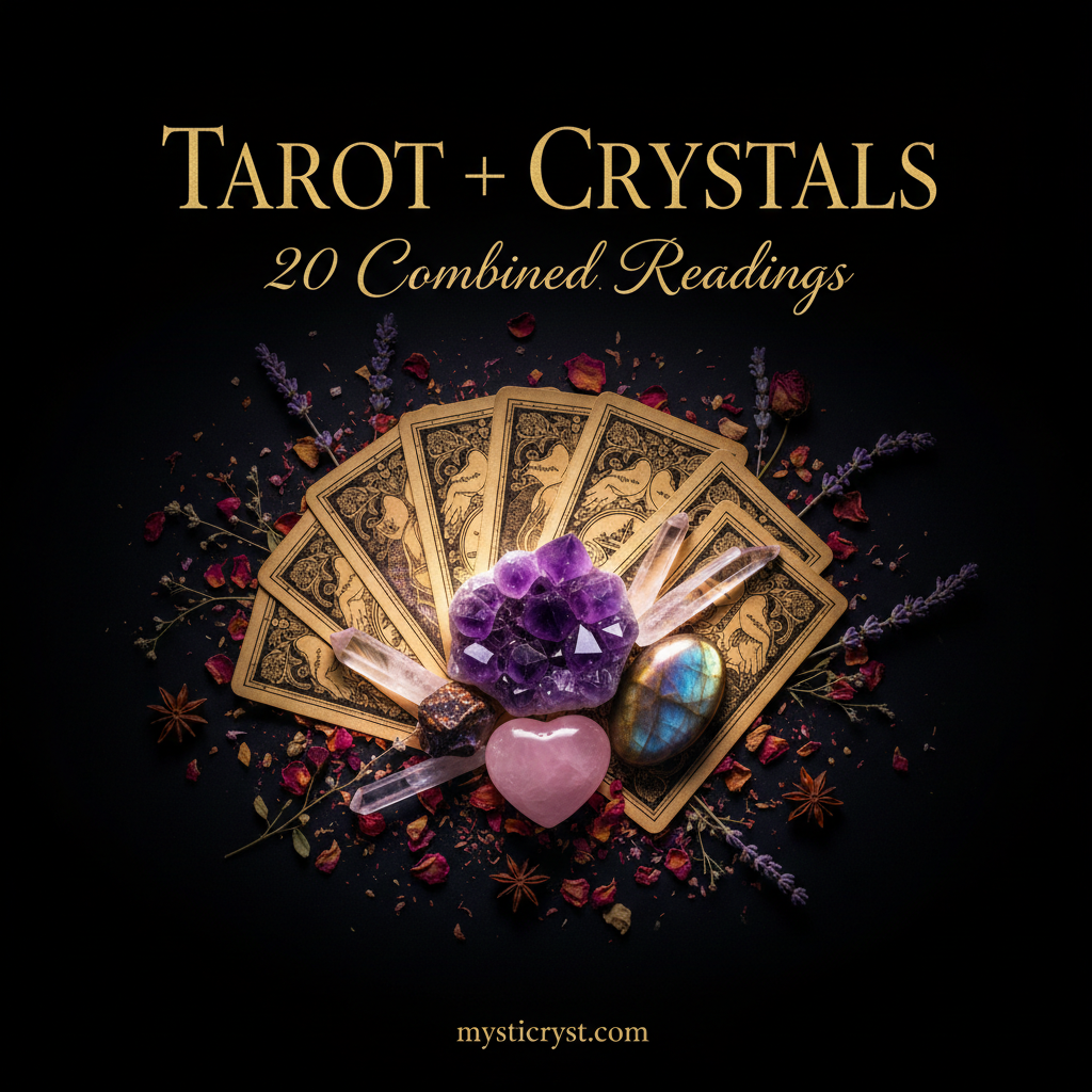 Tarot + Crystals: 20 Combined Readings — tarot cards with crystals arranged on top