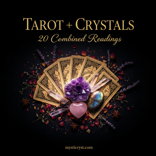 Tarot + Crystals: 20 Combined Readings — tarot cards with crystals arranged on top