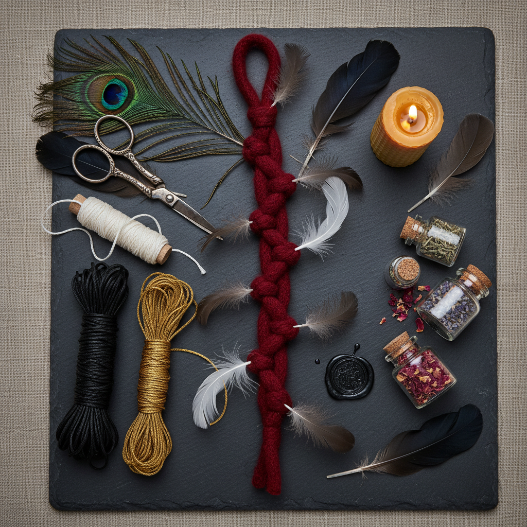 Dark flat lay with red wool knot cord, loose feathers, black hemp and gold silk fiber, antique scissors and sealing wax