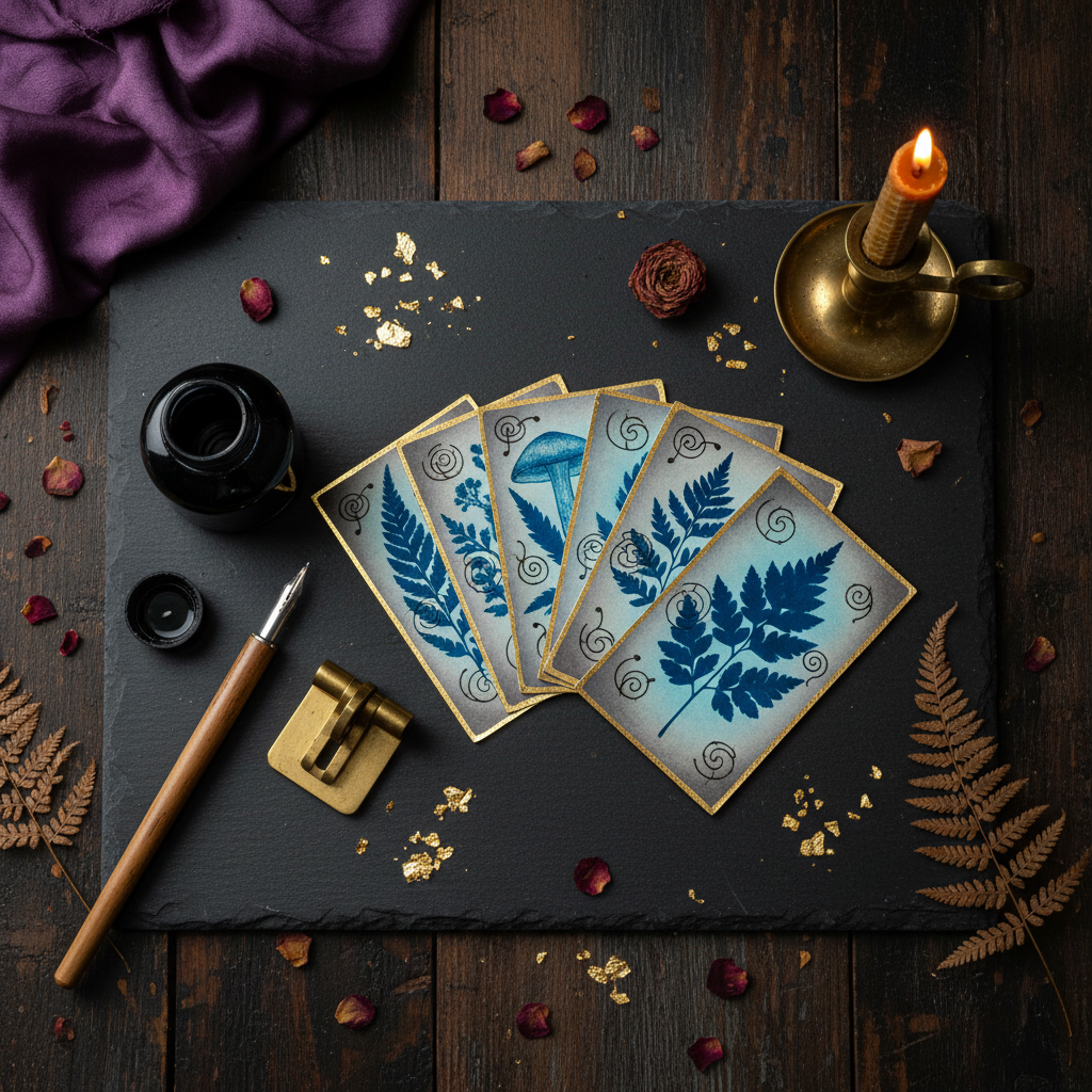 Dark flat lay with cyanotype oracle cards with gilded edges, black ink, bamboo dip pen, gold leaf and pressed ferns