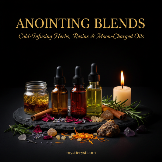 Anointing Blends — three dark amber dropper bottles of herbal infused oils with rose petals, lavender, frankincense resin and botanicals
