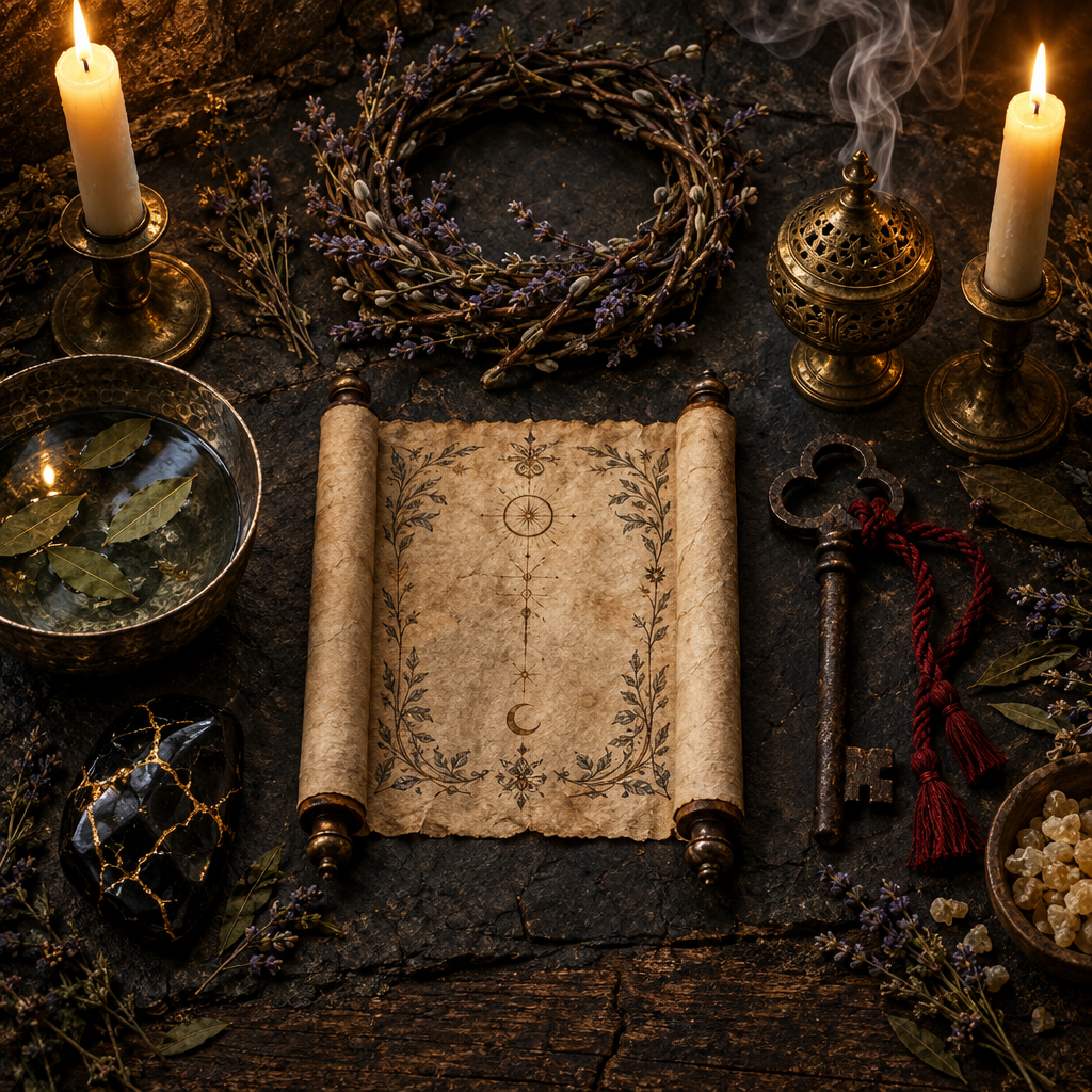 Dark charcoal flat lay of initiation sanctum with covenant scroll, antique iron key with red cord, gold kintsugi obsidian stone, and lavender crown
