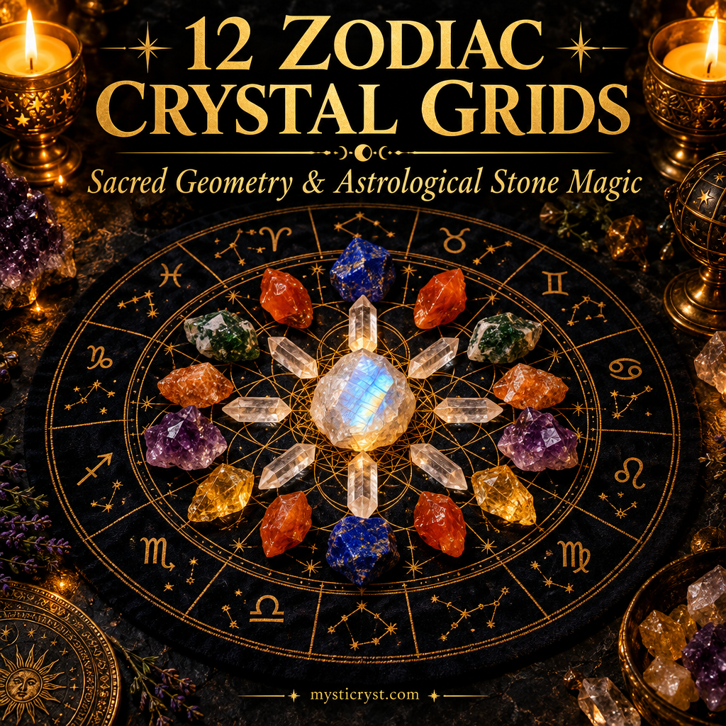 12 Zodiac Crystal Grids — dark velvet sacred geometry cloth with radiating natural raw crystals and illuminated moonstone keystone on slate