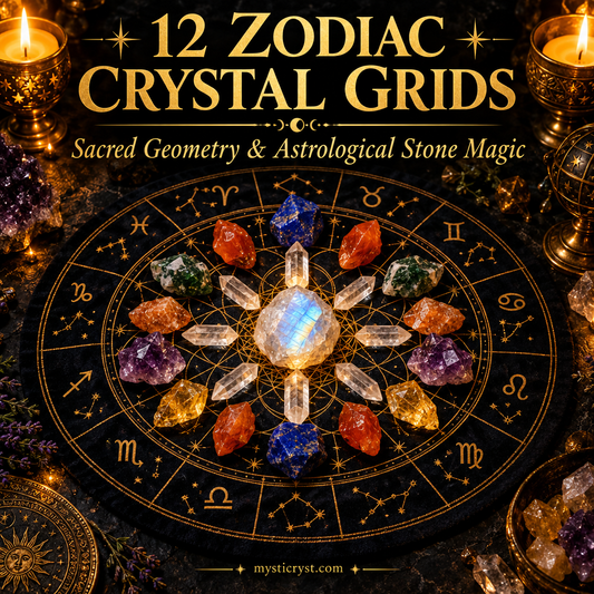 12 Zodiac Crystal Grids — dark velvet sacred geometry cloth with radiating natural raw crystals and illuminated moonstone keystone on slate
