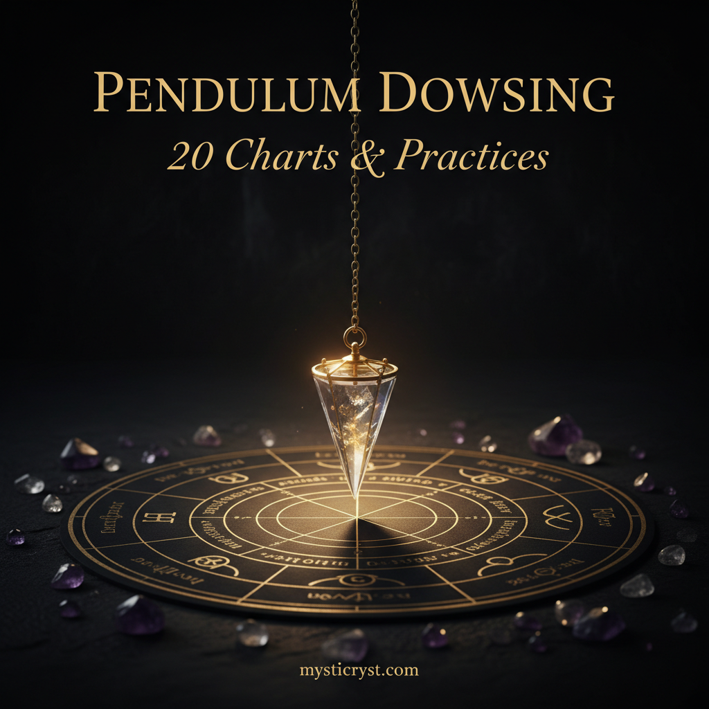 Pendulum Dowsing: 20 Charts & Practices — crystal pendulum above divination chart in golden light
