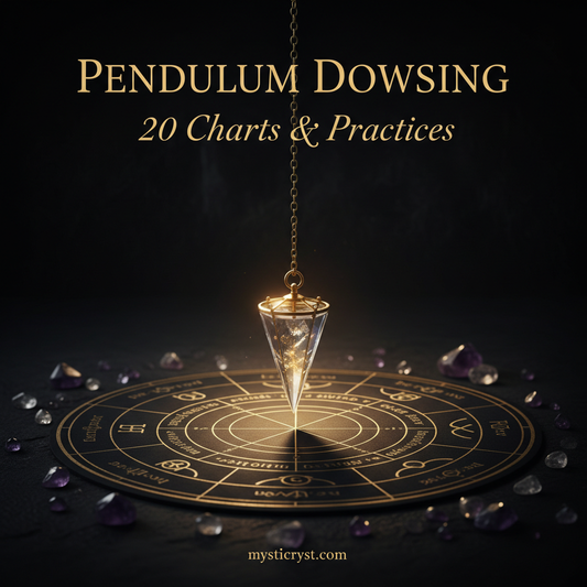 Pendulum Dowsing: 20 Charts & Practices — crystal pendulum above divination chart in golden light