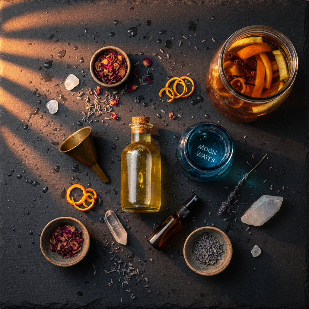 Dark flat lay with golden Florida water bottle, cobalt blue moon water jar, maceration jar with citrus peels, brass funnel and rose petals
