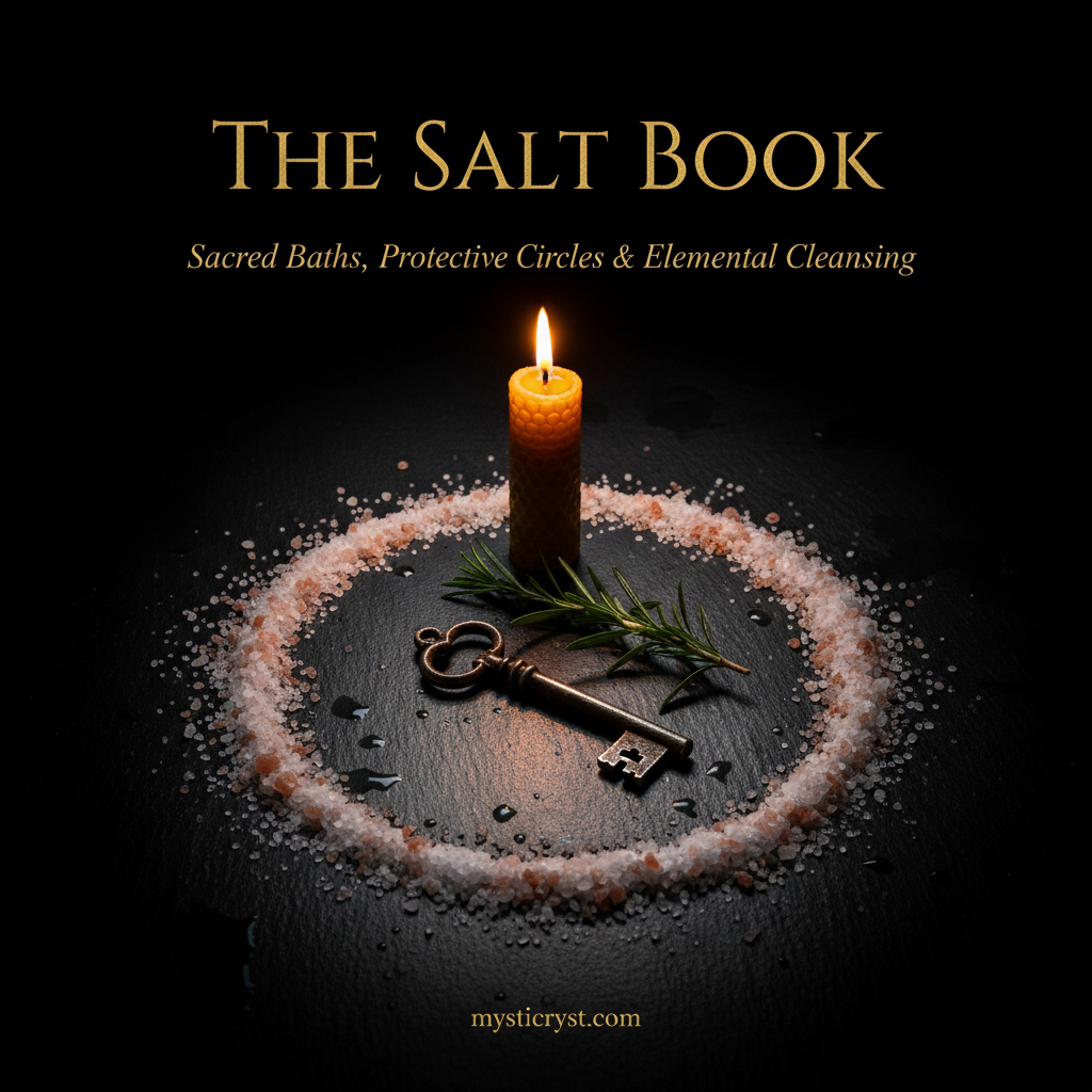 The Salt Book — unbroken salt circle with pink Himalayan salt, iron key, rosemary and beeswax candle