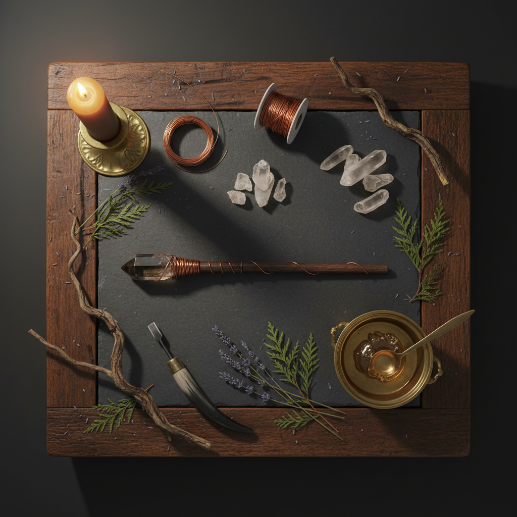 Dark flat lay with handcrafted wooden crystal wand, copper wire, raw quartz, carving knife and beeswax polish