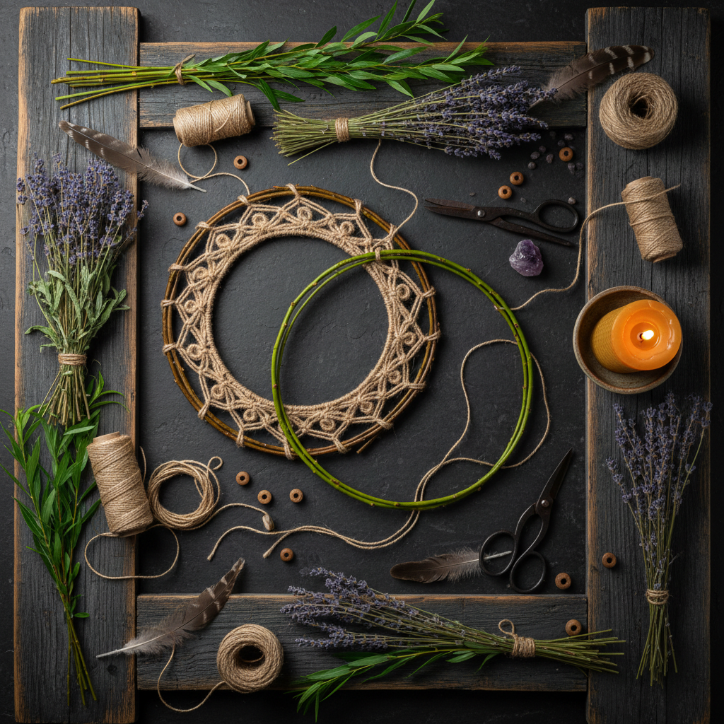 Dark flat lay with completed willow dream hoop, raw green willow whips, dried mugwort bundles, lavender, hemp twine, iron shears and beeswax candle