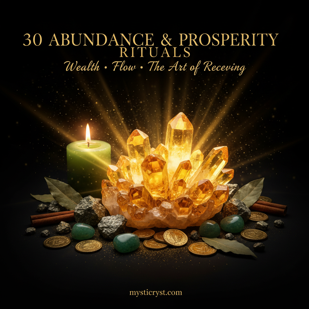 30 Abundance & Prosperity Rituals — citrine cluster with pyrite, gold coins and green candle