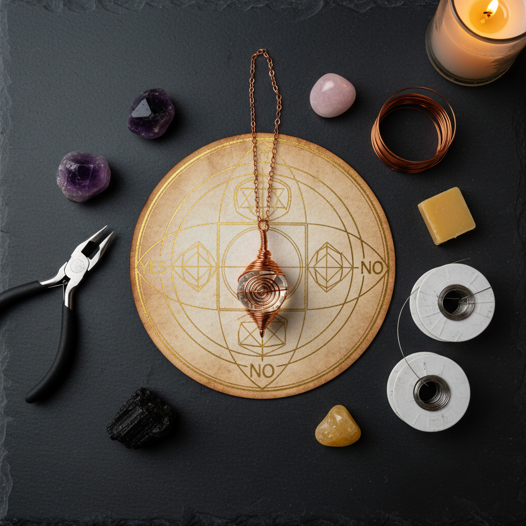 Dark flat lay with copper wire-wrapped pendulum, divination board, round-nose pliers, wire spools and tumbled crystals