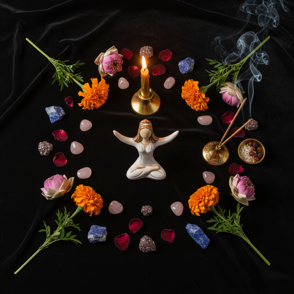 Dark flat lay with goddess figurine, rose quartz, lapis lazuli, candle and marigold offerings