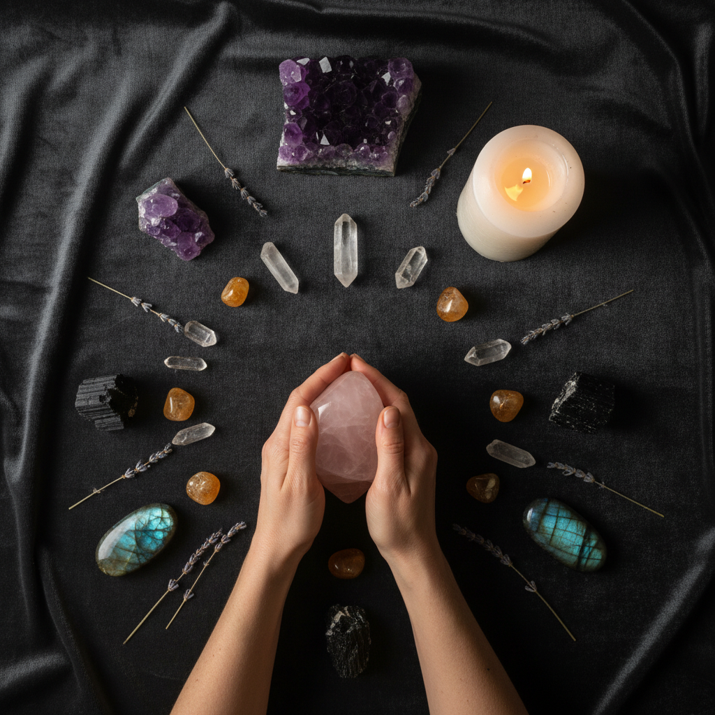 Dark flat lay with crystals arranged around a heart center placement with candle and lavender