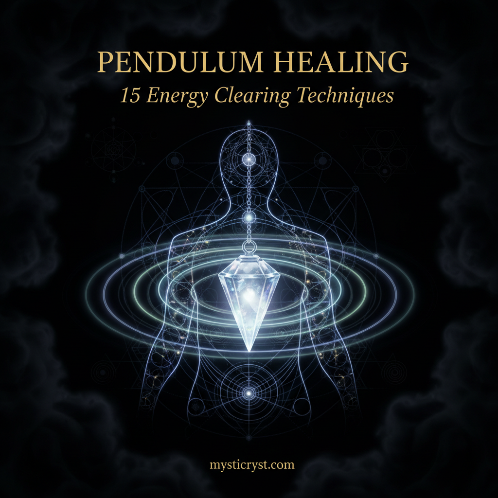 Pendulum Healing: 15 Energy Clearing Techniques — glowing crystal pendulum with energy field in dark light