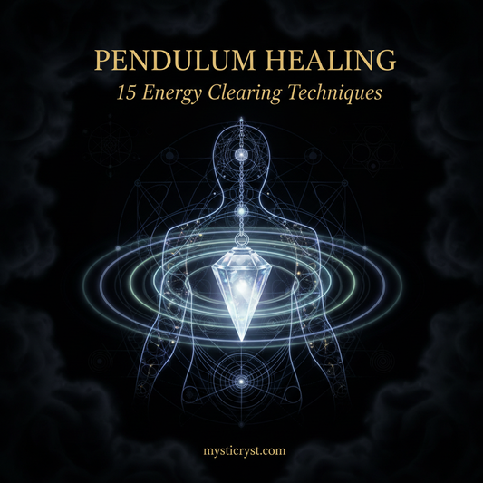 Pendulum Healing: 15 Energy Clearing Techniques — glowing crystal pendulum with energy field in dark light