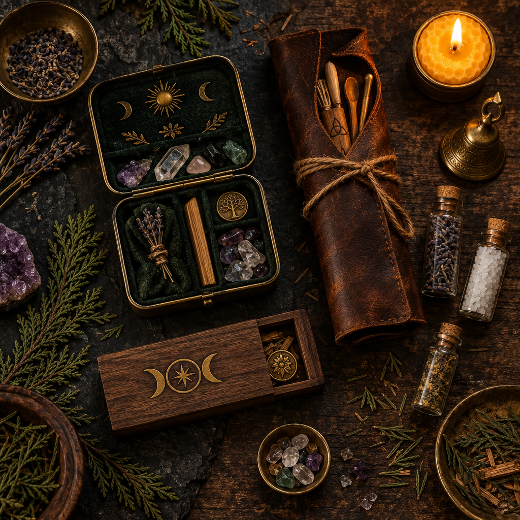 Dark charcoal flat lay of travel altar craft workshop with pocket tins, leather wrap, slide-box shrine, micro glass vials, and candlelight