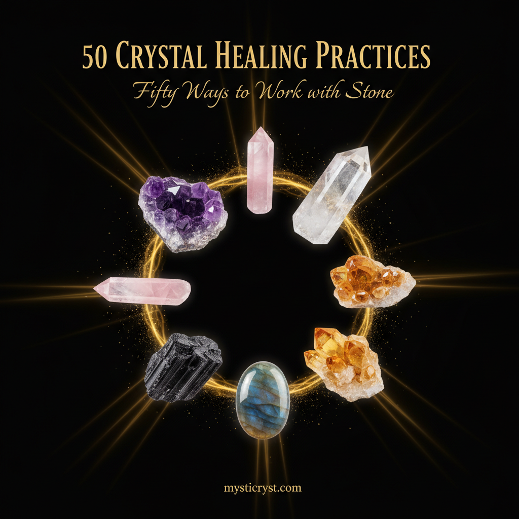 50 Crystal Healing Practices — crystal arrangement with amethyst, rose quartz, citrine and healing light
