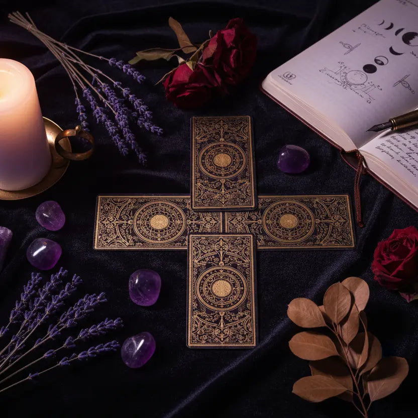 Shadow Work Tarot lifestyle flat lay with tarot cards and crystals