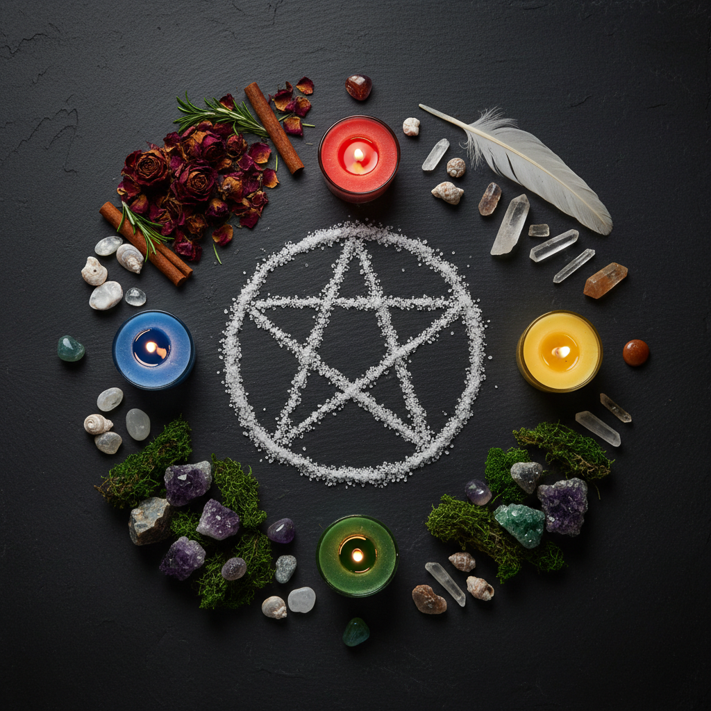 Dark flat lay with four candles at compass points surrounded by elemental crystals and botanicals