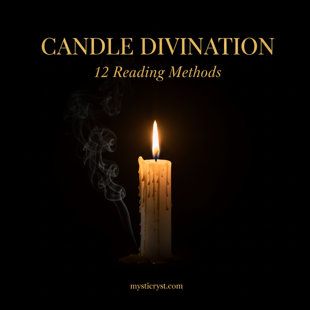 Candle Divination: 12 Reading Methods — glowing candle with wax tears, flame and smoke in dark luxury setting