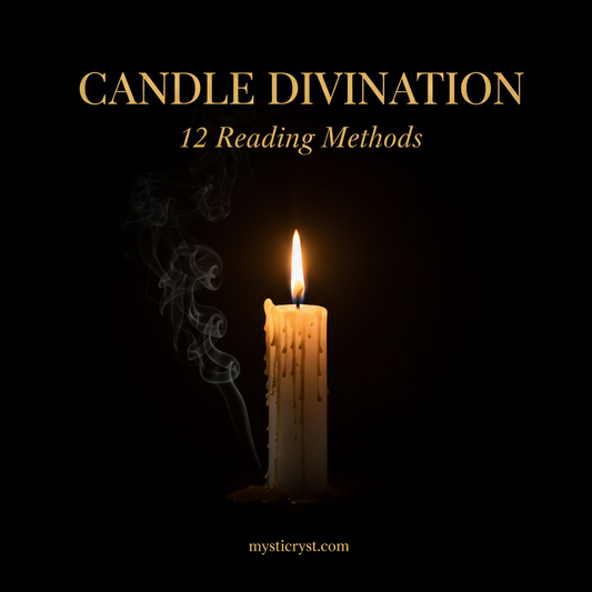 Candle Divination: 12 Reading Methods — glowing candle with wax tears, flame and smoke in dark luxury setting