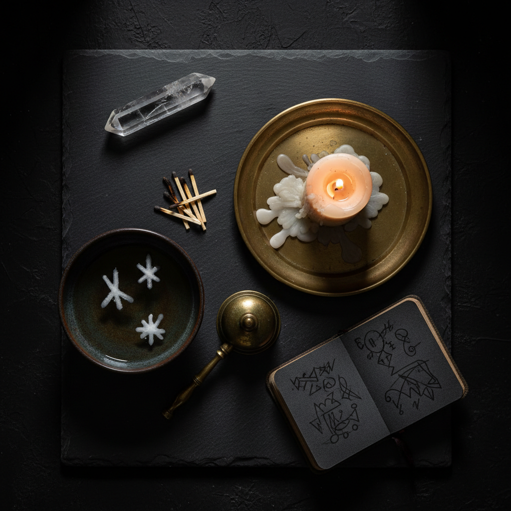 Dark flat lay with burning candle on brass plate, cold water wax glyph bowl, snuffer and journal with candlelight
