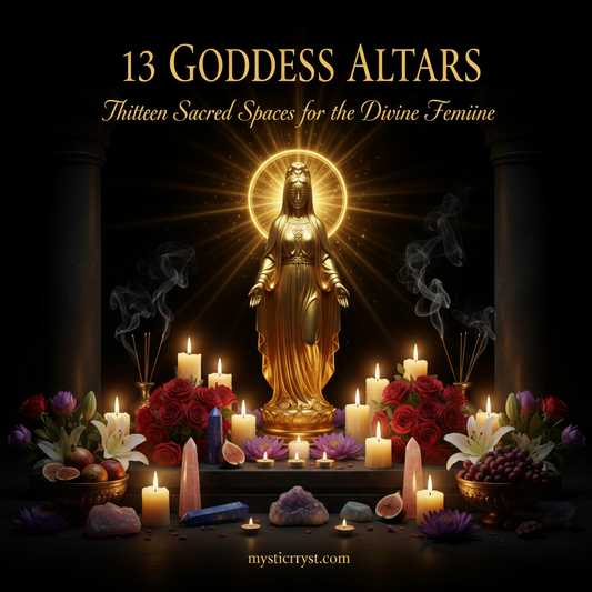 13 Goddess Altars — sacred altar with goddess statue, candles, crystals and flowers in golden light