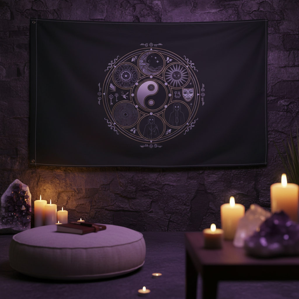 Jungian Shadow Work Mandala Flag - Enhanced Atmospheric Photo