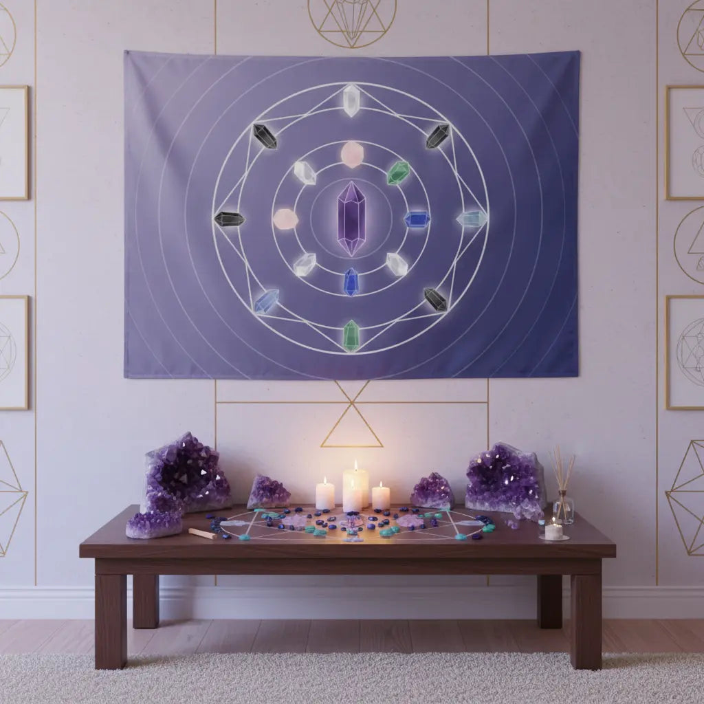Lavender Blue Crystal Grid Amethyst Center Pentagon Geometry Tapestry Lifestyle Scene