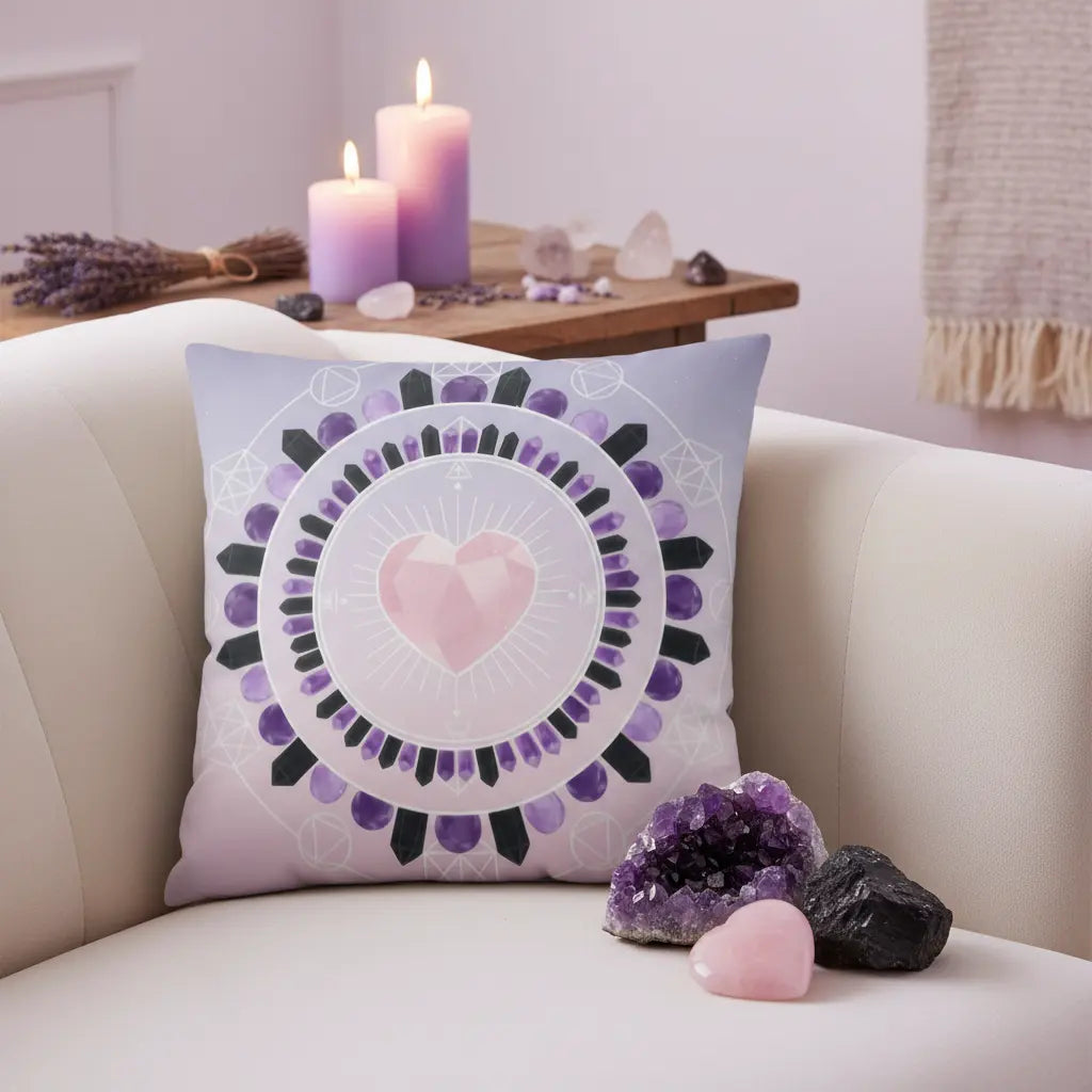 Lavender Pink Black Tourmaline Amethyst Rose Quartz Heart Pillow Protective Lifestyle Scene