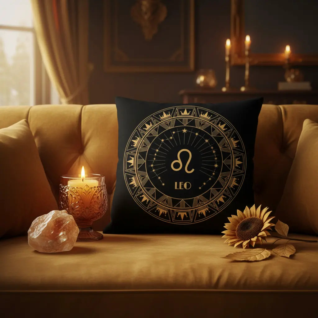 Leo Art Deco Crown Gold Mandala Zodiac Pillow Regal Dramatic Lifestyle Scene