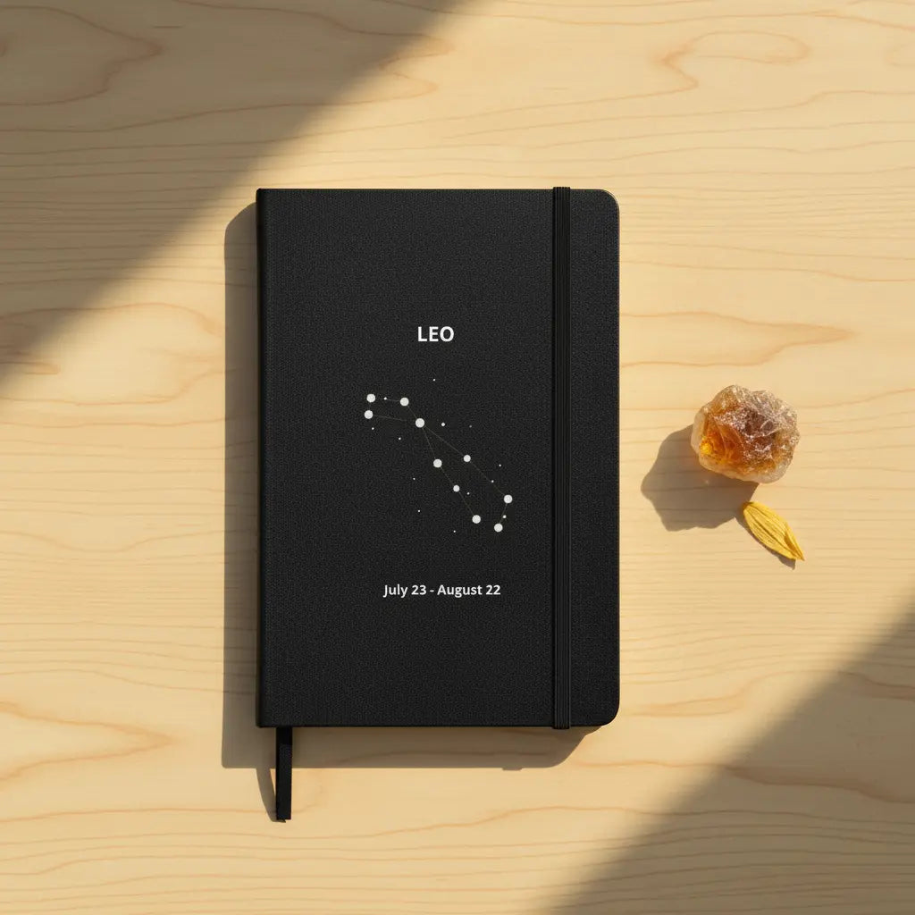 Leo Constellation Slim Black Notebook Flat Lay Warm Golden Lifestyle Scene