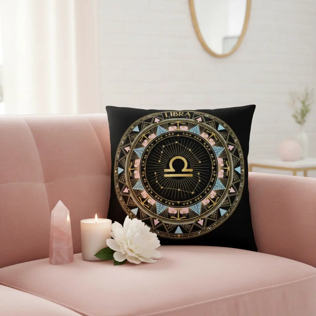 Libra Art Deco Pink Blue Gold Mandala Zodiac Pillow Elegant Balanced Lifestyle Scene