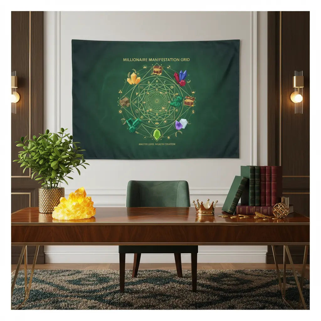 Millionaire Manifestation Grid Tapestry Luxury Home Office Lifestyle Scene