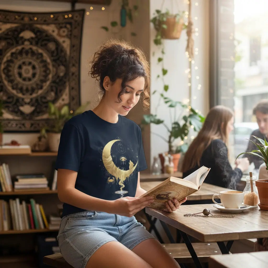 Navy Blue Gold Crescent Moon Candle T-Shirt Lifestyle Scene