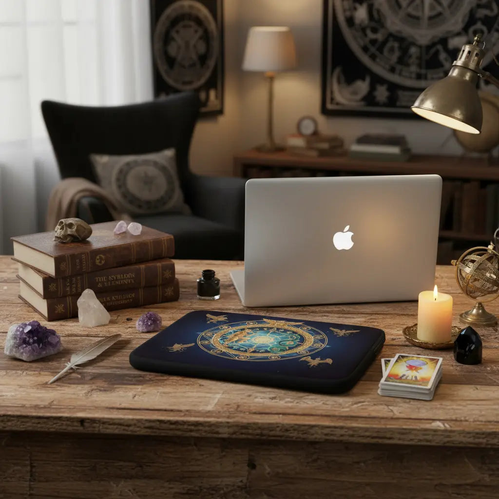 Navy Blue Gold Hermetic Astrology Laptop Sleeve Lifestyle Scene