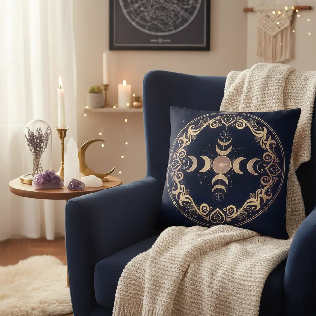 Navy Blue Gold Moon Phases Pillow Lifestyle Scene