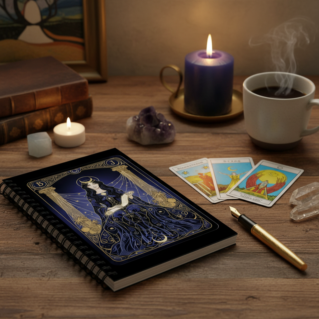 Navy Blue Gold Tarot High Priestess Spiral Notebook Lifestyle Scene