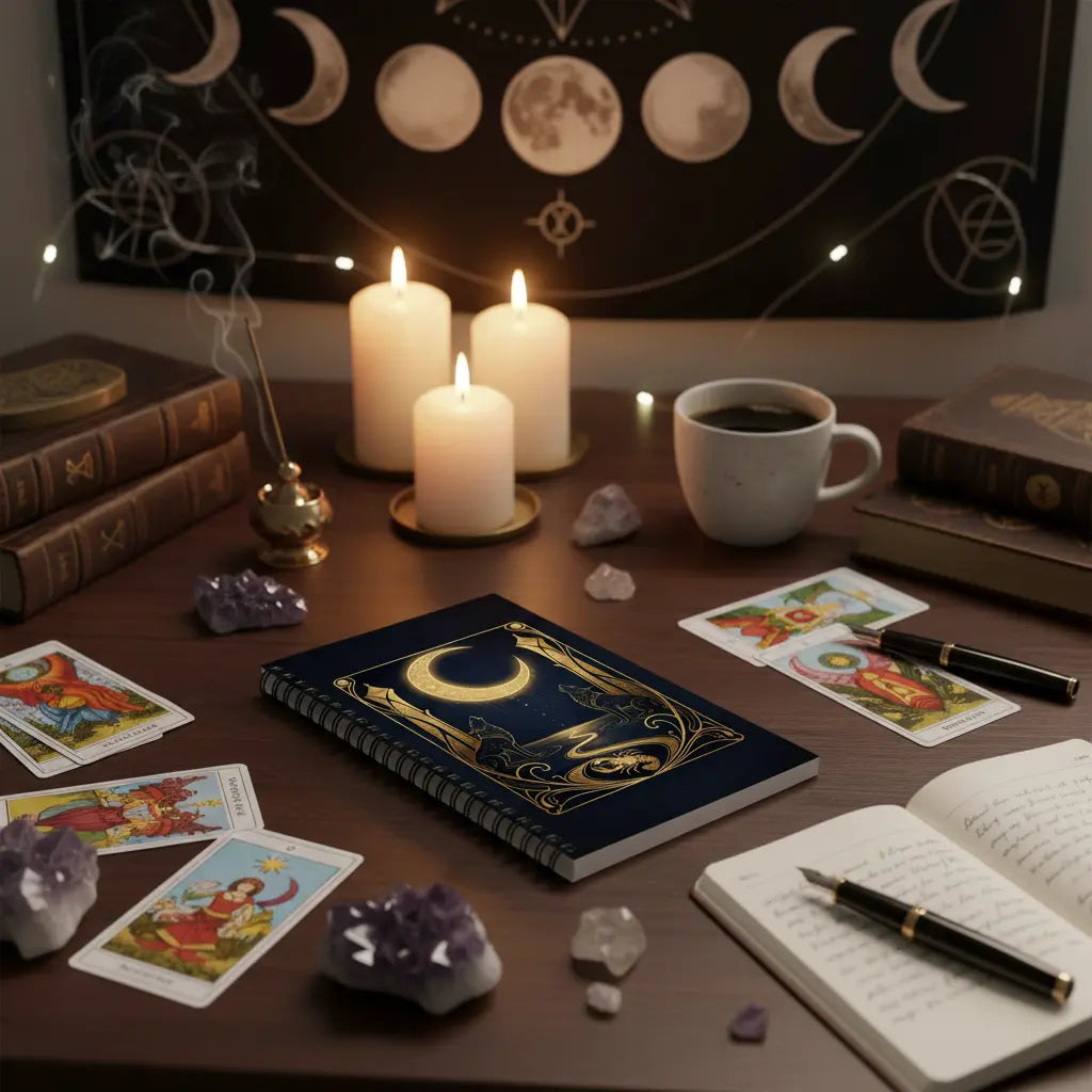 Navy Blue Gold Tarot Moon Spiral Notebook Lifestyle Scene