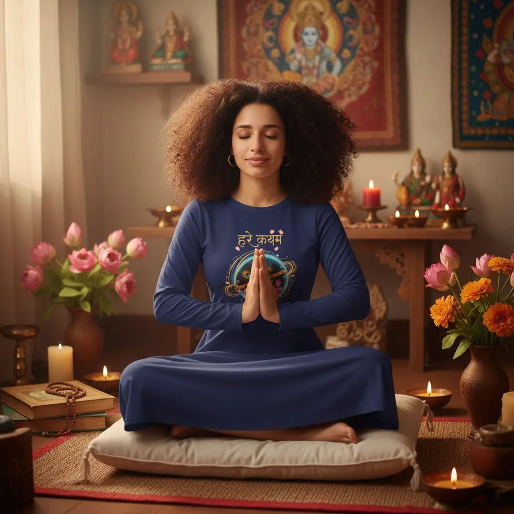 Navy Blue Hare Krishna Midi Dress Meditation Scene