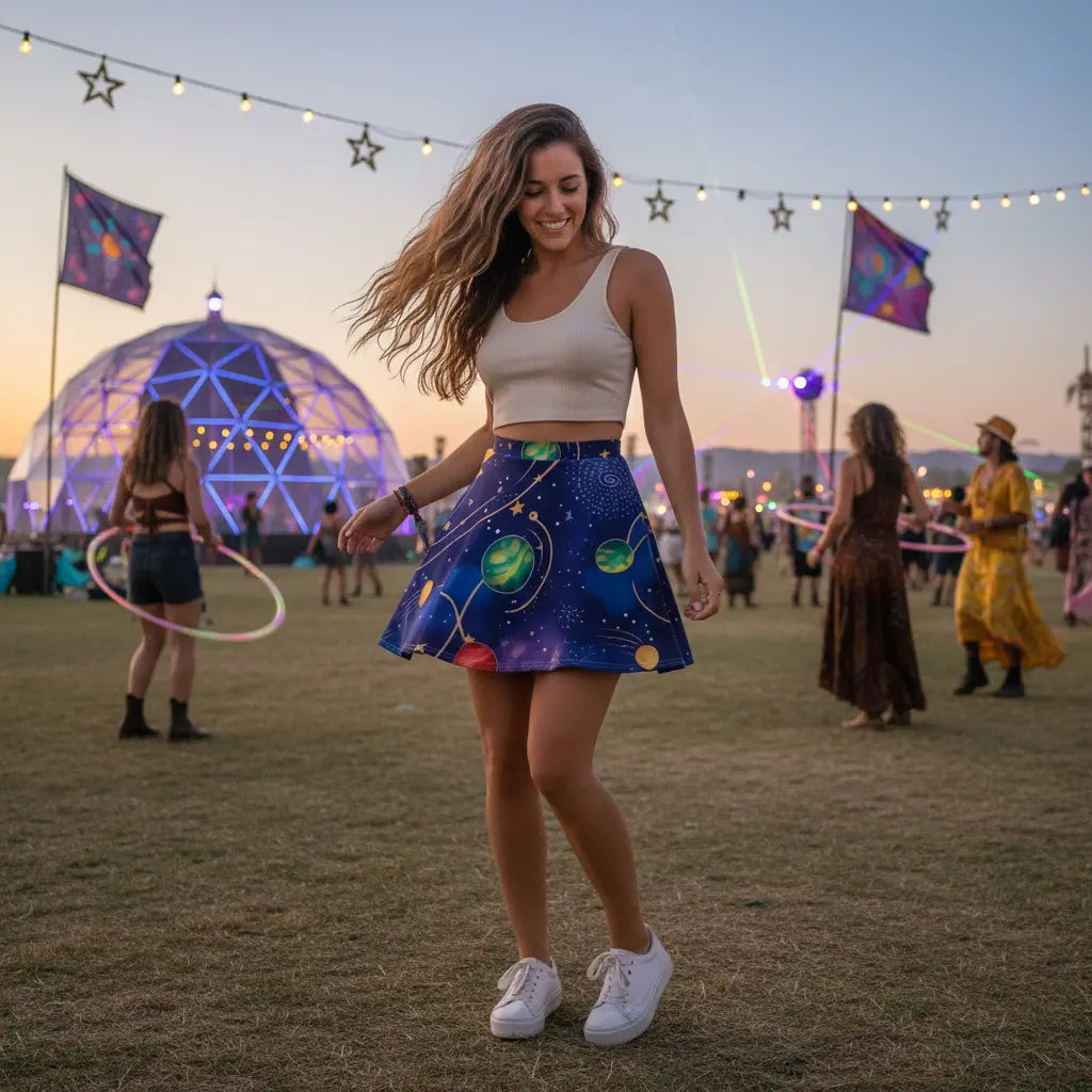 Navy Cosmic Planets Skater Skirt Lifestyle Scene