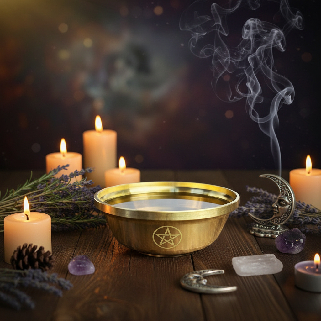 Pentagram Brass Bowl Three-Phase Moon Copper Bowl - Ritual Magic Style