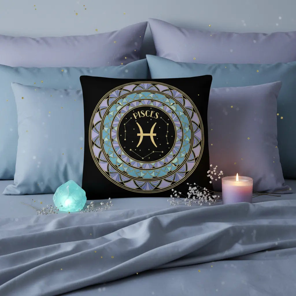 Pisces Art Deco Mandala Zodiac Pillow Dreamy Bedroom Lifestyle Scene