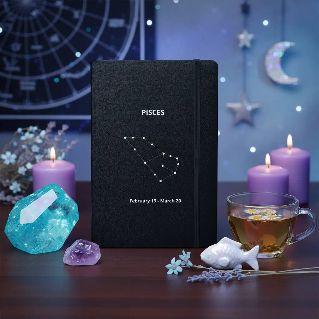 Pisces Constellation Black Leather Hardcover Notebook Celestial Astrology Lifestyle Scene